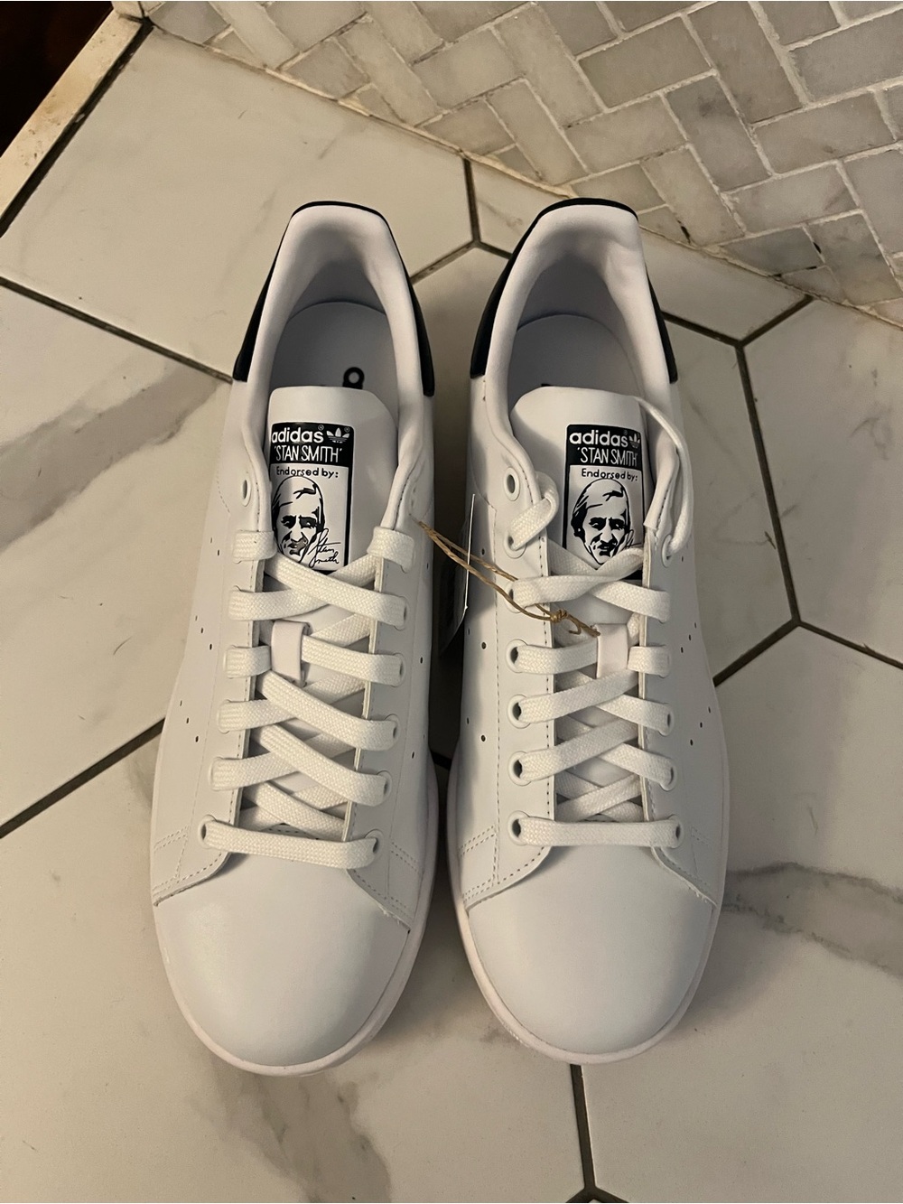 adidas White Leather Stan Smith Sneakers with navy blue Heel Tab